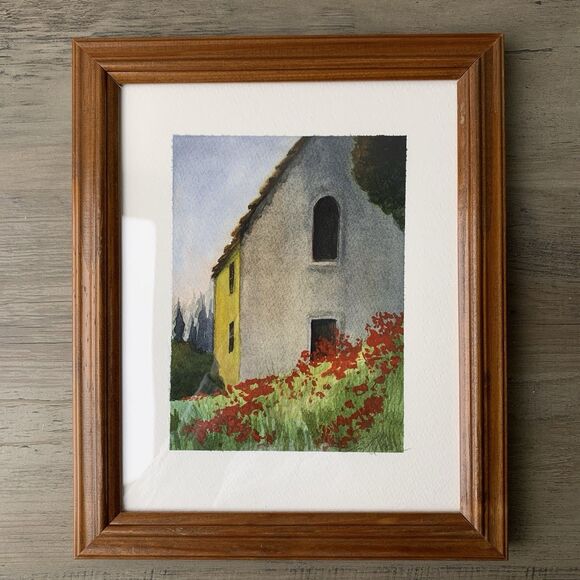 Framed Watercolor Painting Tuscan House Poppies “Woven Light” Signed 9.5x11.5”